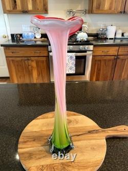 Vintage Murano-Style Hand-Blown Calla Lily Vase, 16 Tall Ribbed Glass, EUC