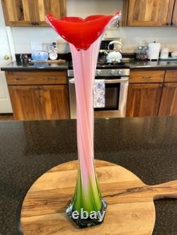 Vintage Murano-Style Hand-Blown Calla Lily Vase, 16 Tall Ribbed Glass, EUC