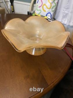 Vintage Murano Style Hand Blown Glass Fruit Bowl, Orange/ Peach Colored Splash