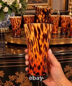 Vintage Murano Style Hand Blown Tortoiseshell Leopard Art Glass 7 Pc Set