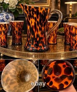 Vintage Murano Style Hand Blown Tortoiseshell Leopard Art Glass 7 Pc Set