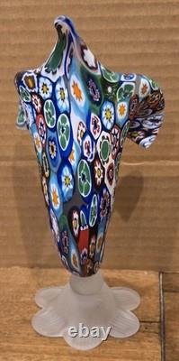 Vintage Murano Style Millefiori Art Glass Horn of Plenty Vase Hand Blown Italy