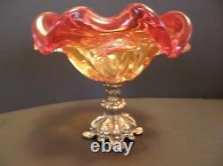 Vintage Murano Two Tone Ruby Red Hand Blown Glass Bowl Footed Metal Base