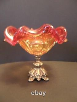 Vintage Murano Two Tone Ruby Red Hand Blown Glass Bowl Footed Metal Base