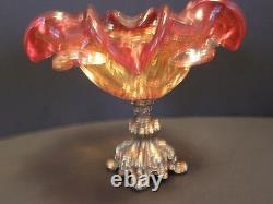 Vintage Murano Two Tone Ruby Red Hand Blown Glass Bowl Footed Metal Base