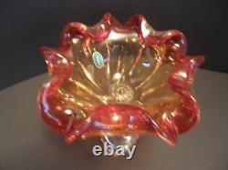 Vintage Murano Two Tone Ruby Red Hand Blown Glass Bowl Footed Metal Base