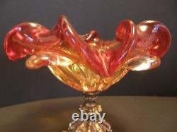 Vintage Murano Two Tone Ruby Red Hand Blown Glass Bowl Footed Metal Base