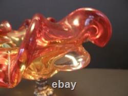 Vintage Murano Two Tone Ruby Red Hand Blown Glass Bowl Footed Metal Base