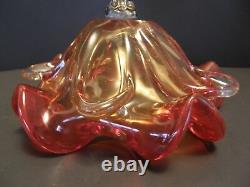 Vintage Murano Two Tone Ruby Red Hand Blown Glass Bowl Footed Metal Base