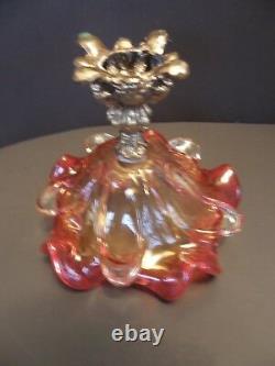 Vintage Murano Two Tone Ruby Red Hand Blown Glass Bowl Footed Metal Base