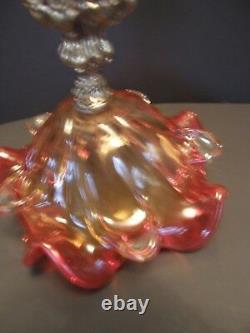 Vintage Murano Two Tone Ruby Red Hand Blown Glass Bowl Footed Metal Base