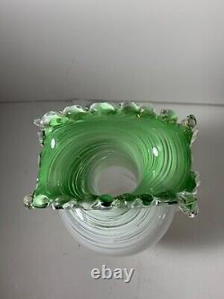 Vintage Murano Venetian Green Swirl Agate Glass Hand Blown Vase 10 in