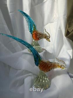 Vintage Murano Venetian Hand-blown Glass Pheasants with Gold Leaf Fleck