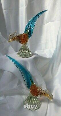 Vintage Murano Venetian Hand-blown Glass Pheasants with Gold Leaf Fleck