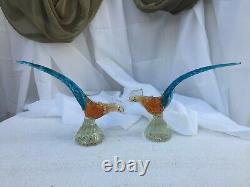 Vintage Murano Venetian Hand-blown Glass Pheasants with Gold Leaf Fleck