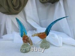 Vintage Murano Venetian Hand-blown Glass Pheasants with Gold Leaf Fleck