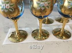 Vintage Murano Wine Glasses, Set Of 6, Hand Painted, Baby Blue