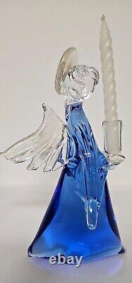 Vintage Murano hand blown glass angels blue gold candle holders 8