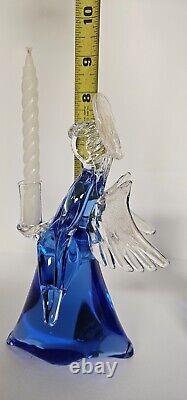 Vintage Murano hand blown glass angels blue gold candle holders 8