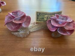 Vintage Pair Italian Hand Blown Venetian Murano Art Glass Flower Candle Holders