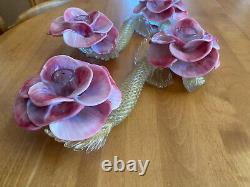 Vintage Pair Italian Hand Blown Venetian Murano Art Glass Flower Candle Holders