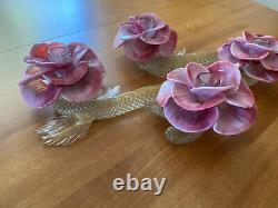 Vintage Pair Italian Hand Blown Venetian Murano Art Glass Flower Candle Holders