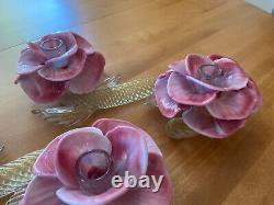 Vintage Pair Italian Hand Blown Venetian Murano Art Glass Flower Candle Holders