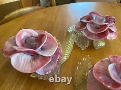 Vintage Pair Italian Hand Blown Venetian Murano Art Glass Flower Candle Holders