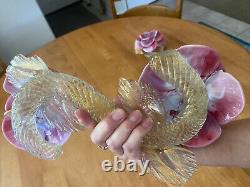 Vintage Pair Italian Hand Blown Venetian Murano Art Glass Flower Candle Holders