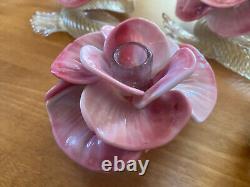 Vintage Pair Italian Hand Blown Venetian Murano Art Glass Flower Candle Holders