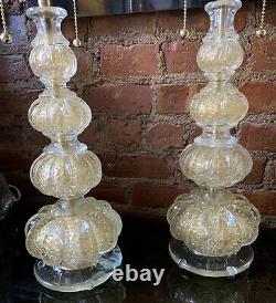 Vintage Pair Italian Murano Venetian Glass Table Lamp Barovier & Toso 24 CT Gold