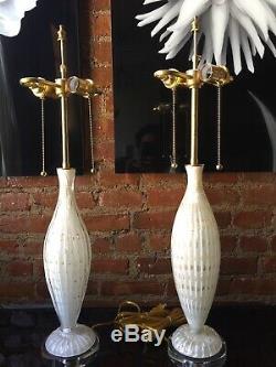 Vintage Pair Italian Murano Venetian Glass Table Lamp Bubbles White/Gold Barbini