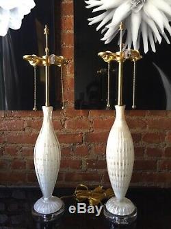 Vintage Pair Italian Murano Venetian Glass Table Lamp Bubbles White/Gold Barbini