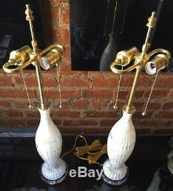 Vintage Pair Italian Murano Venetian Glass Table Lamp Bubbles White/Gold Barbini