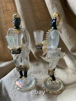 Vintage Pair Venini Murano Art Glass Candlestick candle holder Blackamoor figure