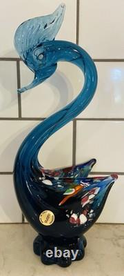 Vintage Rare Murano Hand Blown Art Glass Blue & Multi Color Swan Venezia