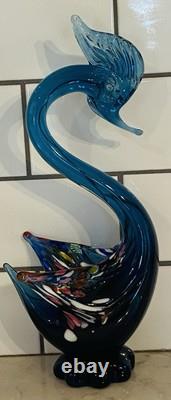 Vintage Rare Murano Hand Blown Art Glass Blue & Multi Color Swan Venezia