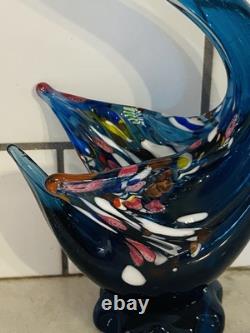 Vintage Rare Murano Hand Blown Art Glass Blue & Multi Color Swan Venezia