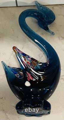 Vintage Rare Murano Hand Blown Art Glass Blue & Multi Color Swan Venezia