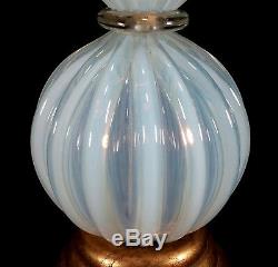 Vintage Ribbed White Opalescent Italian Murano Art Glass Table Lamp Seguso Italy