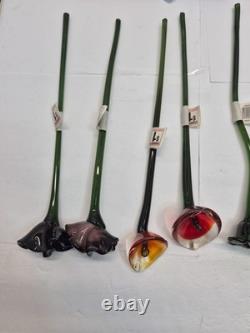 Vintage Set of 18-Murano Style Glass Long Stem Flowers Bouquet 12 Hand Blown
