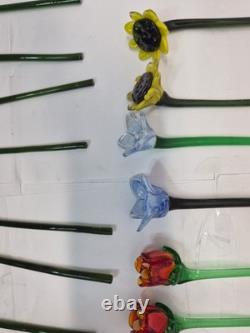 Vintage Set of 18-Murano Style Glass Long Stem Flowers Bouquet 12 Hand Blown