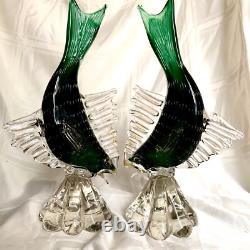 Vintage Set of 2 Venetian Green / Gold Flecks Fish Murano Hand Blown Art Glass