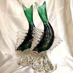 Vintage Set of 2 Venetian Green / Gold Flecks Fish Murano Hand Blown Art Glass