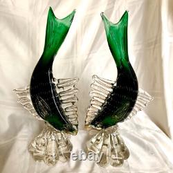 Vintage Set of 2 Venetian Green / Gold Flecks Fish Murano Hand Blown Art Glass