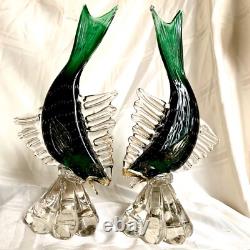 Vintage Set of 2 Venetian Green / Gold Flecks Fish Murano Hand Blown Art Glass