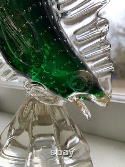 Vintage Set of 2 Venetian Green / Gold Flecks Fish Murano Hand Blown Art Glass
