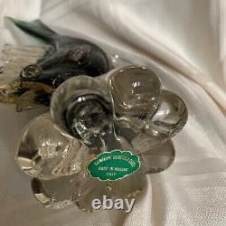 Vintage Set of 2 Venetian Green / Gold Flecks Fish Murano Hand Blown Art Glass