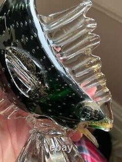 Vintage Set of 2 Venetian Green / Gold Flecks Fish Murano Hand Blown Art Glass
