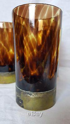 Vintage Set of 6 Murano Glass Highball with Brass Foot Tortoise Shell Unusual